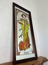 Load image into Gallery viewer, Vintage Art Nouveau mirror showing Alphonse Mucha's Autumn from his influential 1896 series, The Seasons.