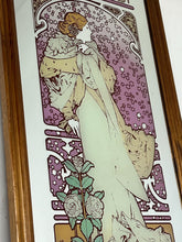 Load image into Gallery viewer, Beautiful vintage Alphonse Mucha Art Nouveau mirror featuring La Dame aux Camélias, Sarah Bernhardt, theatre advertising.