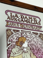 Load image into Gallery viewer, Beautiful vintage Alphonse Mucha Art Nouveau mirror featuring La Dame aux Camélias, Sarah Bernhardt, theatre advertising.