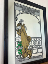 Load image into Gallery viewer, Wonderful Mucha art nouveau mirror featuring a glamorous theatre advertising piece in vivid matte colours, an elegant lady, and a fabulous backdrop.