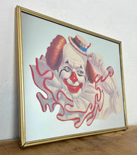 Load image into Gallery viewer, Vintage Elmo the Clown mirror created by the American artist Arthur Sarnoff. This image shows a cheerful whiteface clown with red hair, a large ruffled collar, and a small straw hat tipped playfully to the side.