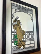 Load image into Gallery viewer, Wonderful Mucha art nouveau mirror featuring a glamorous theatre advertising piece in vivid matte colours, an elegant lady, and a fabulous backdrop.