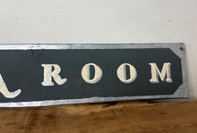 Load image into Gallery viewer, It features hand-painted or printed lettering with a bold font, often in contrasting colors like the black and silver/cream shown. The edges are sometimes aged by hand to enhance the vintage look.