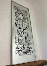 Load image into Gallery viewer, Gorgeous, vibrant Art Nouveau mirror featuring stunning, intricate designs of a beautiful lady against a floral background, with a stand-on designer branding with the famous champagne maker.