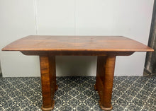 Load image into Gallery viewer, Vintage Art Deco dining table, dating from the 1930s.
The table is primarily crafted from burr walnut, often featuring highly figured or "book-matched" walnut veneers on the top surface to showcase striking natural grain patterns.