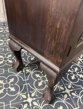 Load image into Gallery viewer, This antique Art Deco furniture piece is a mahogany glazed display cocktail cabinet or bookcase, known for its rich colour and prominent grain, dating from the 1930s.