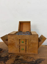 Load image into Gallery viewer, This beautiful object is a mid-20th-century art deco burr-wood smoker's cabinet (or cigarette dispenser box), typically crafted in England or continental Europe around the 1930s to 1950s