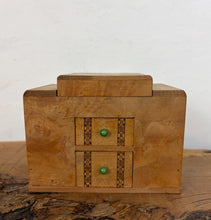 Load image into Gallery viewer, This beautiful object is a mid-20th-century art deco burr-wood smoker's cabinet (or cigarette dispenser box), typically crafted in England or continental Europe around the 1930s to 1950s