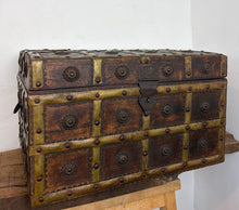 Load image into Gallery viewer, Spectacular antique Anglo -Indian wood and brass-bound trunk or cash box, heavily detailed 19th-century merchant chests or dowry boxes from Rajasthan, India