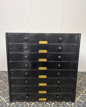 Load image into Gallery viewer, This stunning item is an antique Victorian museum specimen cabinet. It features shallow, wide, glass-topped drawers with integrated grids designed to store specimens, in this case, entomological butterfly’s / Insects.