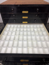 Load image into Gallery viewer, This stunning item is an antique Victorian museum specimen cabinet. It features shallow, wide, glass-topped drawers with integrated grids designed to store specimens, in this case, entomological butterfly’s / Insects.