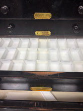 Load image into Gallery viewer, This stunning item is an antique Victorian museum specimen cabinet. It features shallow, wide, glass-topped drawers with integrated grids designed to store specimens, in this case, entomological butterfly’s / Insects.