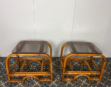 Load image into Gallery viewer, Styling Italian Mid Century Modern Bamboo and Rattan Side Tables, Bedroom Decor, Smoked Glass