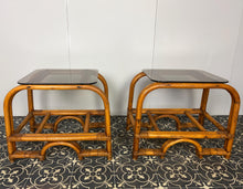 Load image into Gallery viewer, Styling Italian Mid Century Modern Bamboo and Rattan Side Tables, Bedroom Decor, Smoked Glass