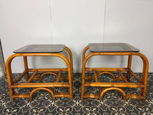 Load image into Gallery viewer, Styling Italian Mid Century Modern Bamboo and Rattan Side Tables, Bedroom Decor, Smoked Glass