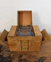Load image into Gallery viewer, This beautiful object is a mid-20th-century art deco burr-wood smoker's cabinet (or cigarette dispenser box), typically crafted in England or continental Europe around the 1930s to 1950s