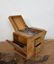 Load image into Gallery viewer, This beautiful object is a mid-20th-century art deco burr-wood smoker's cabinet (or cigarette dispenser box), typically crafted in England or continental Europe around the 1930s to 1950s