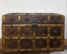 Load image into Gallery viewer, Spectacular antique Anglo -Indian wood and brass-bound trunk or cash box, heavily detailed 19th-century merchant chests or dowry boxes from Rajasthan, India