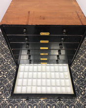 Load image into Gallery viewer, This stunning item is an antique Victorian museum specimen cabinet. It features shallow, wide, glass-topped drawers with integrated grids designed to store specimens, in this case, entomological butterfly’s / Insects.