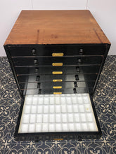 Load image into Gallery viewer, This stunning item is an antique Victorian museum specimen cabinet. It features shallow, wide, glass-topped drawers with integrated grids designed to store specimens, in this case, entomological butterfly’s / Insects.