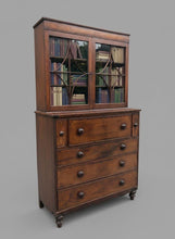 Load image into Gallery viewer, Beautiful Georgian mahogany inlaid secrétaire bookcase, a classic 18th century British furniture design. It combines a display cabinet, a pull-out hidden desk space, and a functional chest of drawers into a single multi-tier case piece.