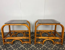 Load image into Gallery viewer, Styling Italian Mid Century Modern Bamboo and Rattan Side Tables, Bedroom Decor, Smoked Glass