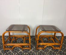Load image into Gallery viewer, Styling Italian Mid Century Modern Bamboo and Rattan Side Tables, Bedroom Decor, Smoked Glass