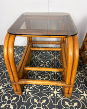 Load image into Gallery viewer, Stylish Italian pair of vintage mid-century modern bohemian bamboo-and-rattan side tables with dark, smoked glass tops.