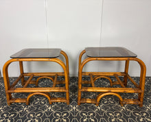 Load image into Gallery viewer, Styling Italian Mid Century Modern Bamboo and Rattan Side Tables, Bedroom Decor, Smoked Glass