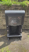 Load and play video in Gallery viewer, Antique Victorian art nouveau fireplace pewter and copper accent, cast iron, floral design, finial, fire grate, period home