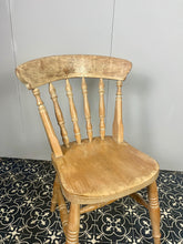 Load image into Gallery viewer, Wonderful vintage shabby chic farmhouse beech chair. Made with beech with a lathe shaped back rest and lovely crest rail and shaped seat on fantastic turned splayed legs and spindles.