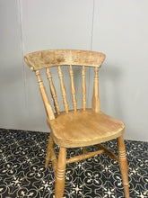 Load image into Gallery viewer, Wonderful vintage shabby chic farmhouse beech chair. Made with beech with a lathe shaped back rest and lovely crest rail and shaped seat on fantastic turned splayed legs and spindles.