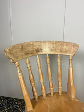 Load image into Gallery viewer, Wonderful vintage shabby chic farmhouse beech chair. Made with beech with a lathe shaped back rest and lovely crest rail and shaped seat on fantastic turned splayed legs and spindles.