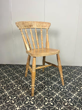 Load image into Gallery viewer, Wonderful vintage shabby chic farmhouse beech chair. Made with beech with a lathe shaped back rest and lovely crest rail and shaped seat on fantastic turned splayed legs and spindles.