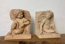 Load image into Gallery viewer, Vintage beautiful pair cast stone cherub book ends, collectibles piece, library, living room
