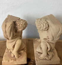 Load image into Gallery viewer, Vintage beautiful pair cast stone cherub book ends, collectibles piece, library, living room