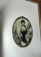 Load image into Gallery viewer, The mirror depicts a glamorous Victorian lady in an oval design with a noir effect, and it includes intricate details and a provocative finish. The walnut frame is of high quality and dates back to the 1920s.