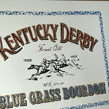 Load image into Gallery viewer, features a horse racing design. The branding is depicted in bold, vivid fonts in red and blue, and there is an intricate picture of a horse race along with a blue floral border.