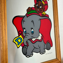 Load image into Gallery viewer, Stunning vintage Disney Dumbo mirror featuring the famous elephant and Timothy the mouse in beautiful vivid tones in bright stand out colours to make and impact in any Disney collectors home or children room.