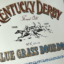 Load image into Gallery viewer, features a horse racing design. The branding is depicted in bold, vivid fonts in red and blue, and there is an intricate picture of a horse race along with a blue floral border.