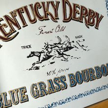 Load image into Gallery viewer, features a horse racing design. The branding is depicted in bold, vivid fonts in red and blue, and there is an intricate picture of a horse race along with a blue floral border.