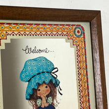 Load image into Gallery viewer, The mirror depicts Miss Petticoat in vibrant colours and would make a great addition to any art collection. Intricate, vivid border, welcome to our home sweet home.