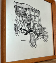 Load image into Gallery viewer, Unique detailed model T picture in a cartoon style design featuring a pencil type sketch with excellent intricate finish with shading and great care taken to create the design, bold fonts detailing Ford 1909.