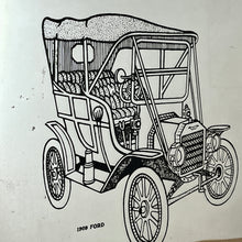 Load image into Gallery viewer, Unique detailed model T picture in a cartoon style design featuring a pencil type sketch with excellent intricate finish with shading and great care taken to create the design, bold fonts detailing Ford 1909.