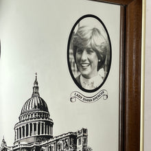 Load image into Gallery viewer, Vibrant mirror featuring the wedding of Charles and Diana on the 29th of July 1981 with a portrait of the couple and intricate picture of St Pauls and the fonts in a banner design.