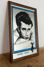 Load image into Gallery viewer, This is a vintage mirror featuring James Dean, the iconic movie actor. It is a unique collectible item that showcases excellent detail in depicting the actor's signature pose and famous look.