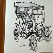 Load image into Gallery viewer, Unique detailed model T picture in a cartoon style design featuring a pencil type sketch with excellent intricate finish with shading and great care taken to create the design, bold fonts detailing Ford 1909.