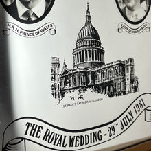 Load image into Gallery viewer, Vibrant mirror featuring the wedding of Charles and Diana on the 29th of July 1981 with a portrait of the couple and intricate picture of St Pauls and the fonts in a banner design.