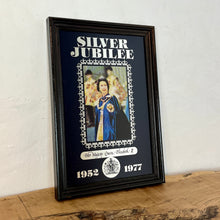 Load image into Gallery viewer, Wonderful vintage Silver Jubilee collectable mirror 1952 to 1977 featuring a radiant potrait of the Queen Elizabeth wearing her Royal attire and elegant souvenir piece, showing a magnificent silver crown border and silver bold fonts.