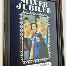 Load image into Gallery viewer, Wonderful vintage Silver Jubilee collectable mirror 1952 to 1977 featuring a radiant potrait of the Queen Elizabeth wearing her Royal attire and elegant souvenir piece, showing a magnificent silver crown border and silver bold fonts.